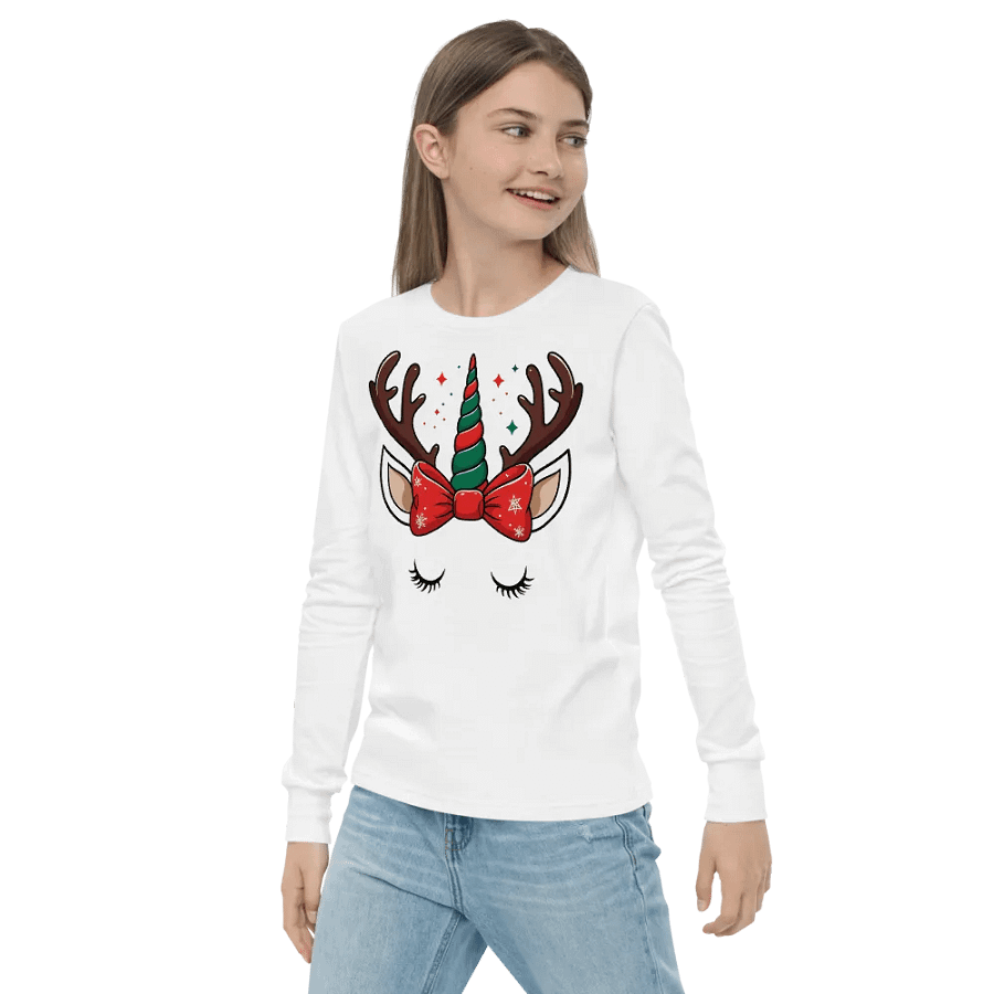 Whimsical Reindeer Unicorn Youth Long Sleeve Tee White product image (3)