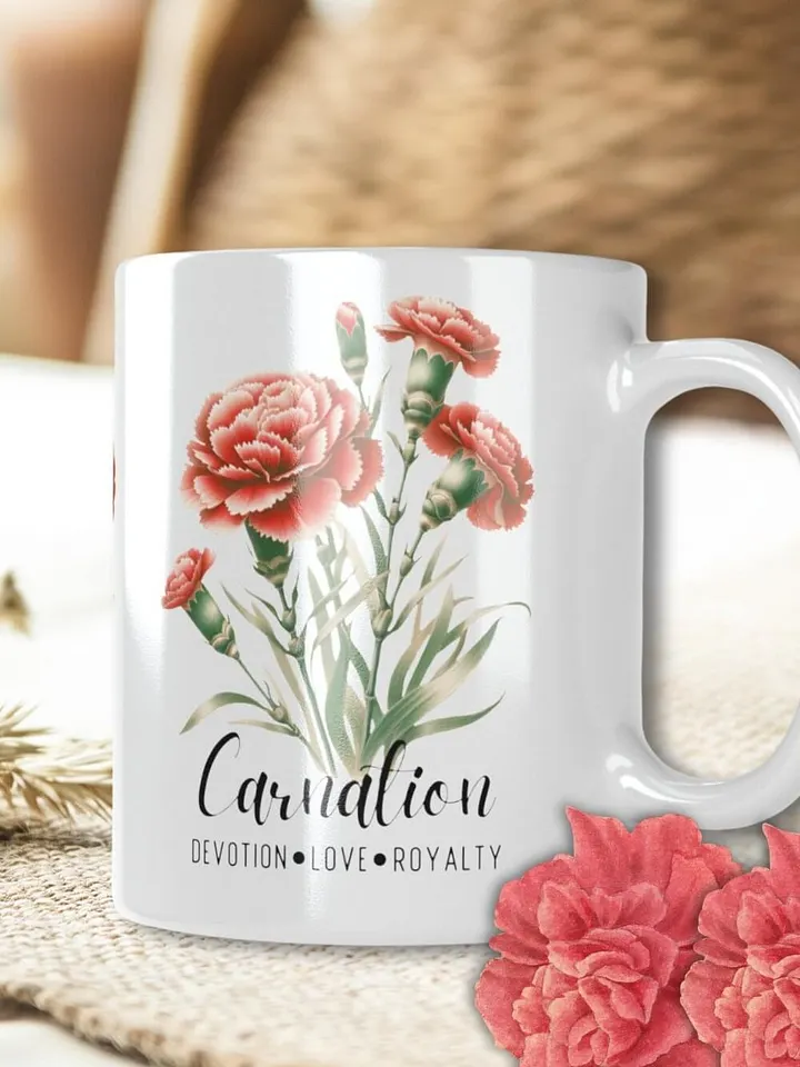 Carnation Ceramic White Mug: Devotion, Love, Royalty January Birth Month Flower product image (2)