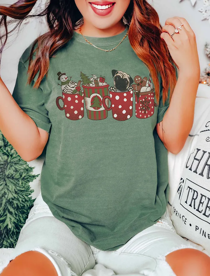 Cute Pug(2) in a Christmas Cup T-Shirt | Funny Christmas Pup in a Cup product image (16)