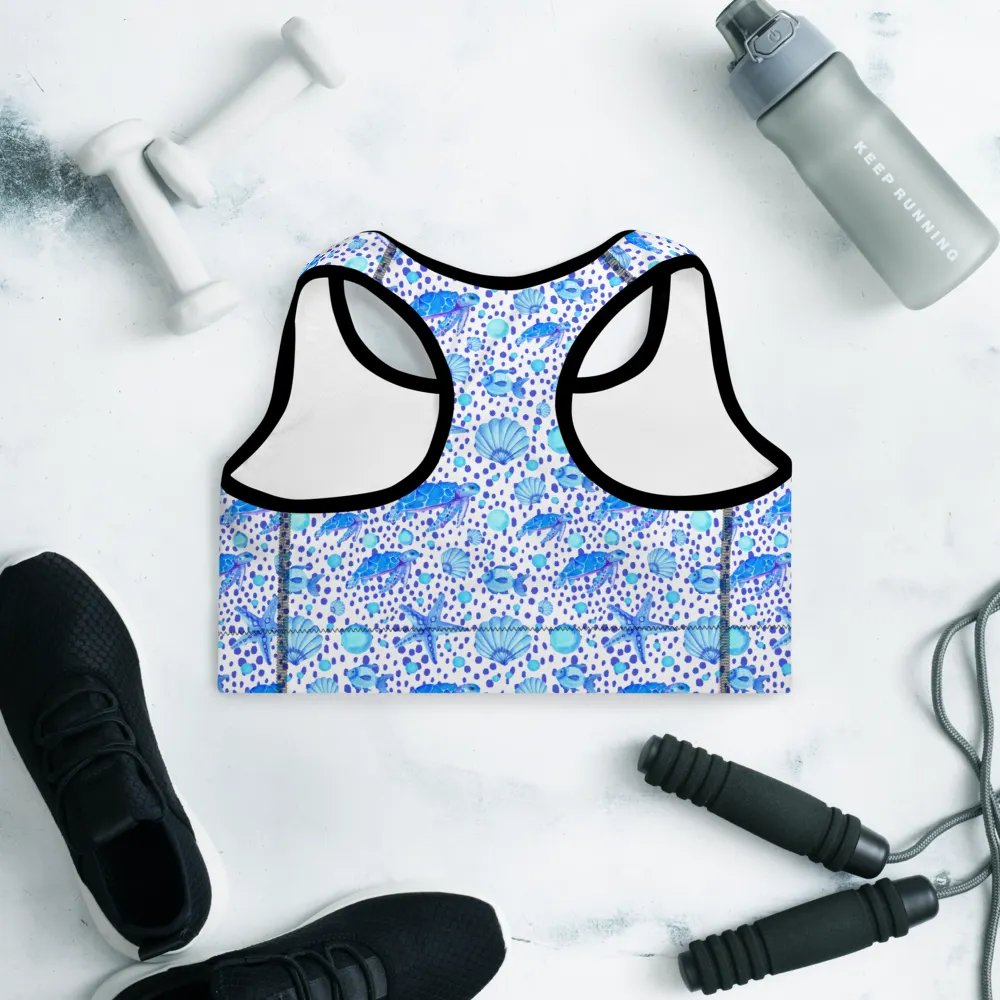 Ladies all over print padded sports bra with sea turtle design in blues.  Ideal for a cool holiday feel for nature lovers product image (9)