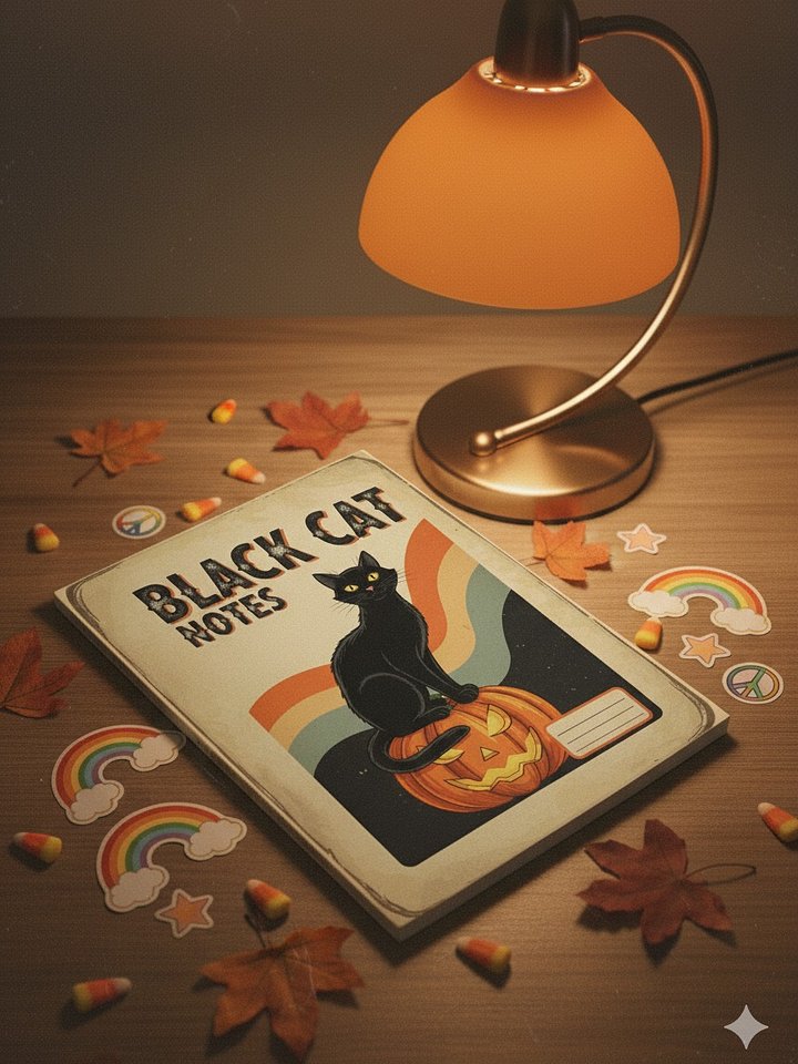 Black Cat Notes Digital Notebook Cover | Halloween Printable Journal | Retro 70s Spooky Stationery | Vintage Cat Lover Planner product image (2)