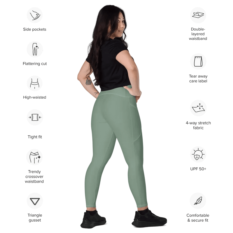 Plain Medium Sage Green Soft Summer Women's High Waisted Premium Crossover Leggings with Pockets by Treasure Pie product image (10)