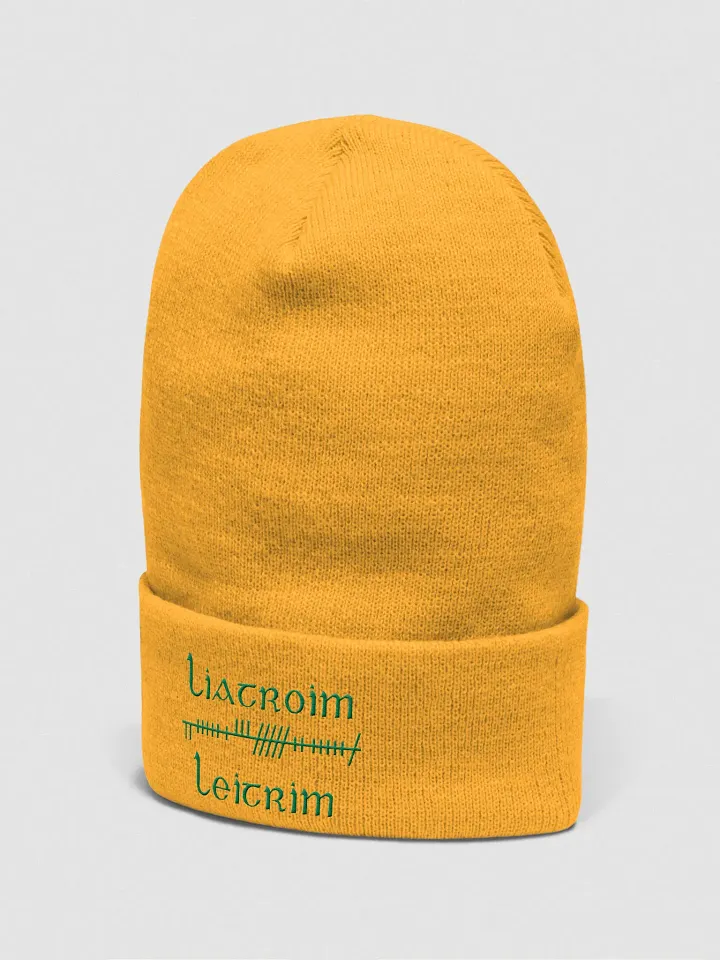Leitrim/Liatroim Orthodox style Ogham, Gold with Green, embroidered Cuffed Beanie product image (2)