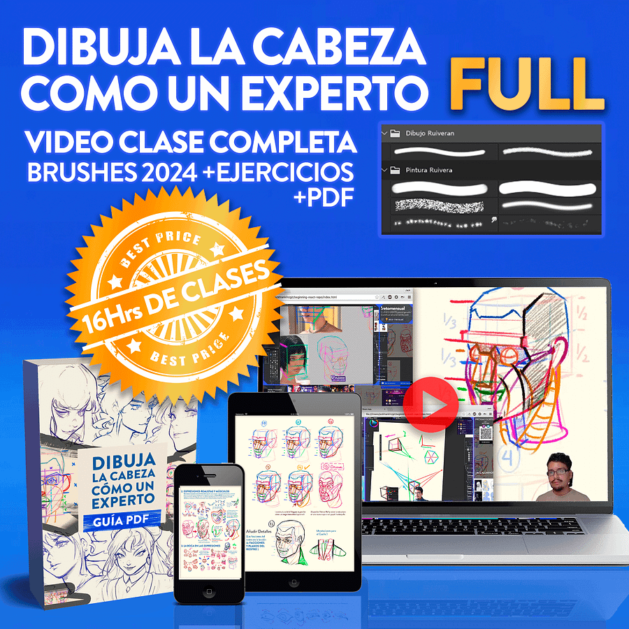 DIBUJA LA CABEZA CÓMO UN EXPERTO ( VIDEOCURSO-16Hrs ) + PDFs + Pinceles 2025 + Rutina de Prácticas product image (1)