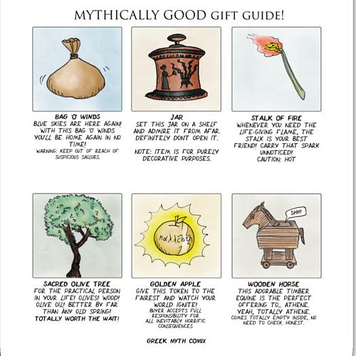 You can get the Mythically Good Gift Guide comic as a download-and-print card! Find it on GreekMythComixShop (link on Linktre...