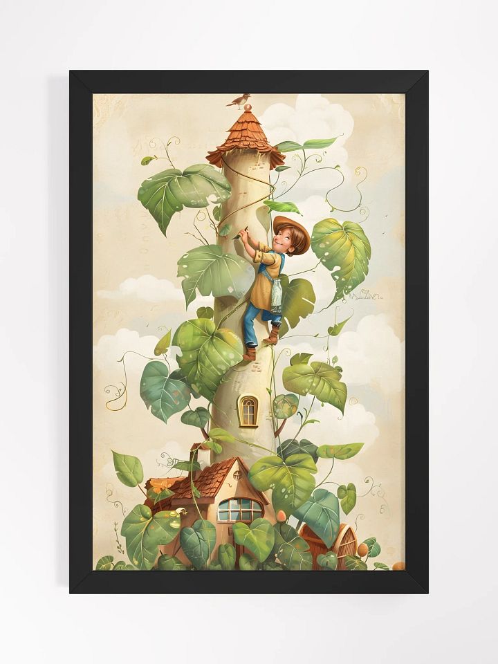 Boy climbing a tall beanstalk toward a cozy small house product image (1)