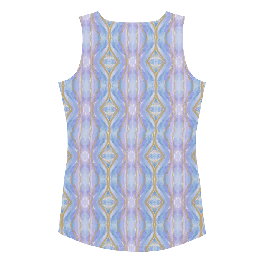 Ladies all over print tank top with soft  pastel blues and pinks.. Stylish and chic for the lady who likes the unusual. product image (2)
