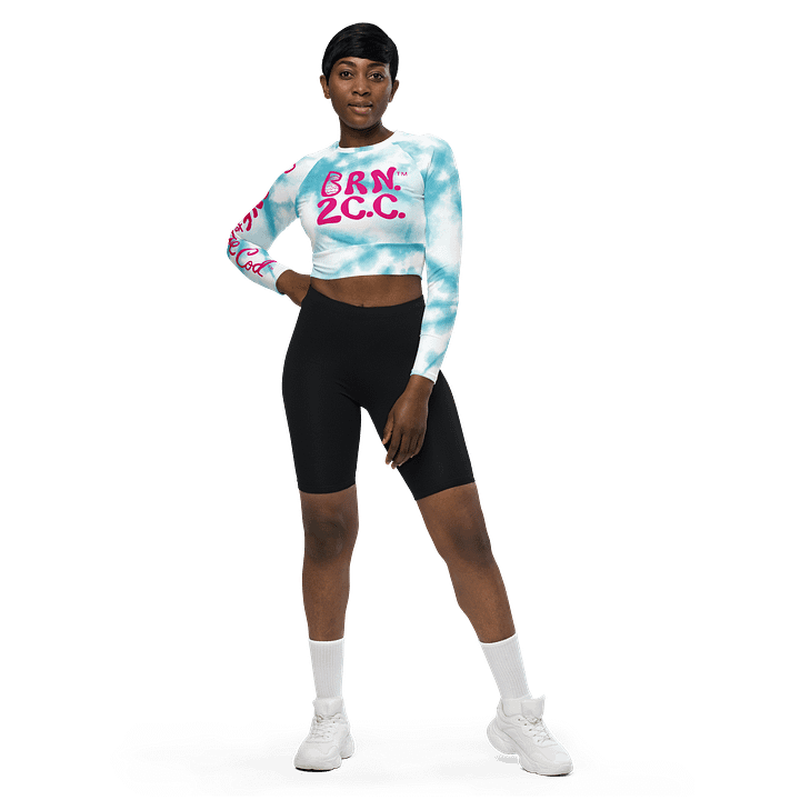 BOURNE to Cape Cod™ Crop Top | BRN.2C.C.™ Coastal Bold | Recycled Long Sleeve Statement Wear 🌊💃☀️ | Vibrant Pink Logos on Blue Tie-Dye product image (2)