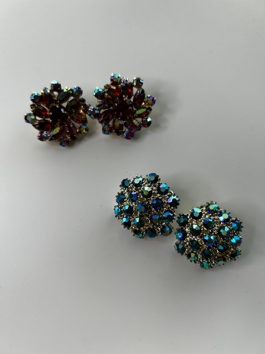 Vintage AB Crystals Clip On Earrings Lot of 2 product image (3)