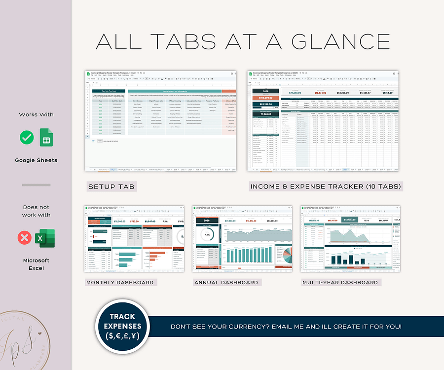 Income and Expense Tracker Template, Freelancer Business, Multi-Year Dashboard Spreadsheet, Google Sheets Template, Business Profit Cashflow product image (9)