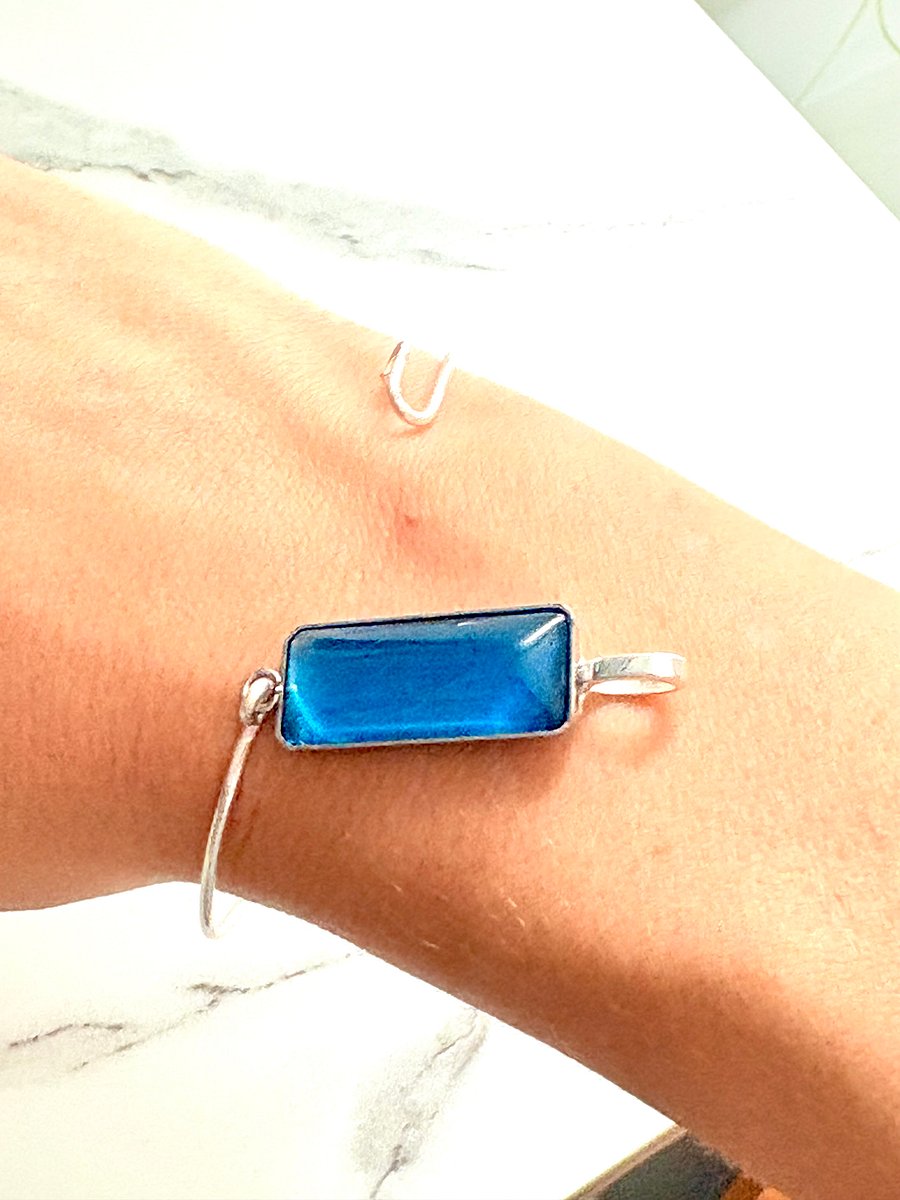 ⚡ Electric Tide Bangle | 6.5" Silver-Plated Wire Bracelet with Blue Rectangle Charm | Handmade Coastal Charm Jewelry by Monique Faella Designs™ | MFD-00173 product image (4)