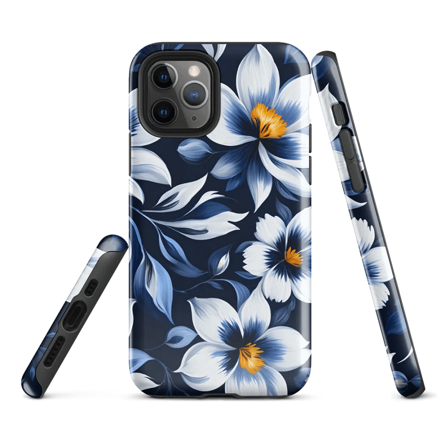 Tough Phone Case for iPhone® - Blue and White Flowers on a Dark Blue Background product image (1)