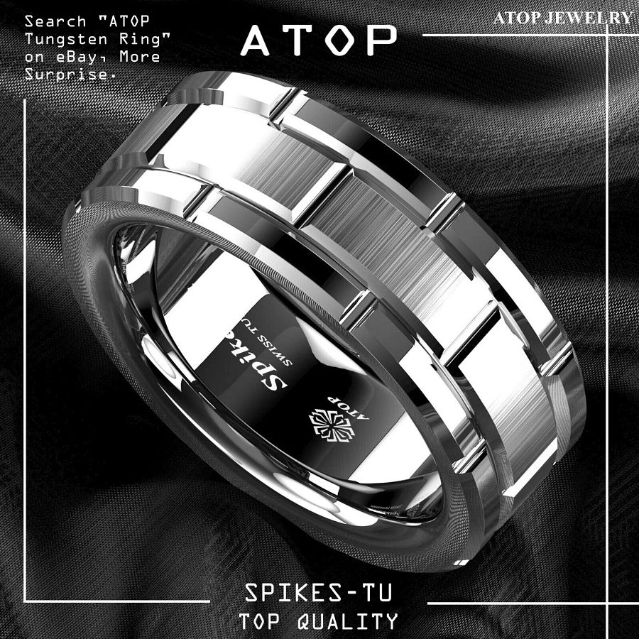 8mm Men's Tungsten Carbide Ring Silver Wedding Band Brick Pattern Size 6-13 ATOP product image (4)