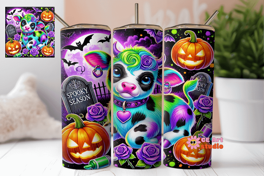 Highland Cow Spooky Season Tumbler Wrap PNG product image (1)