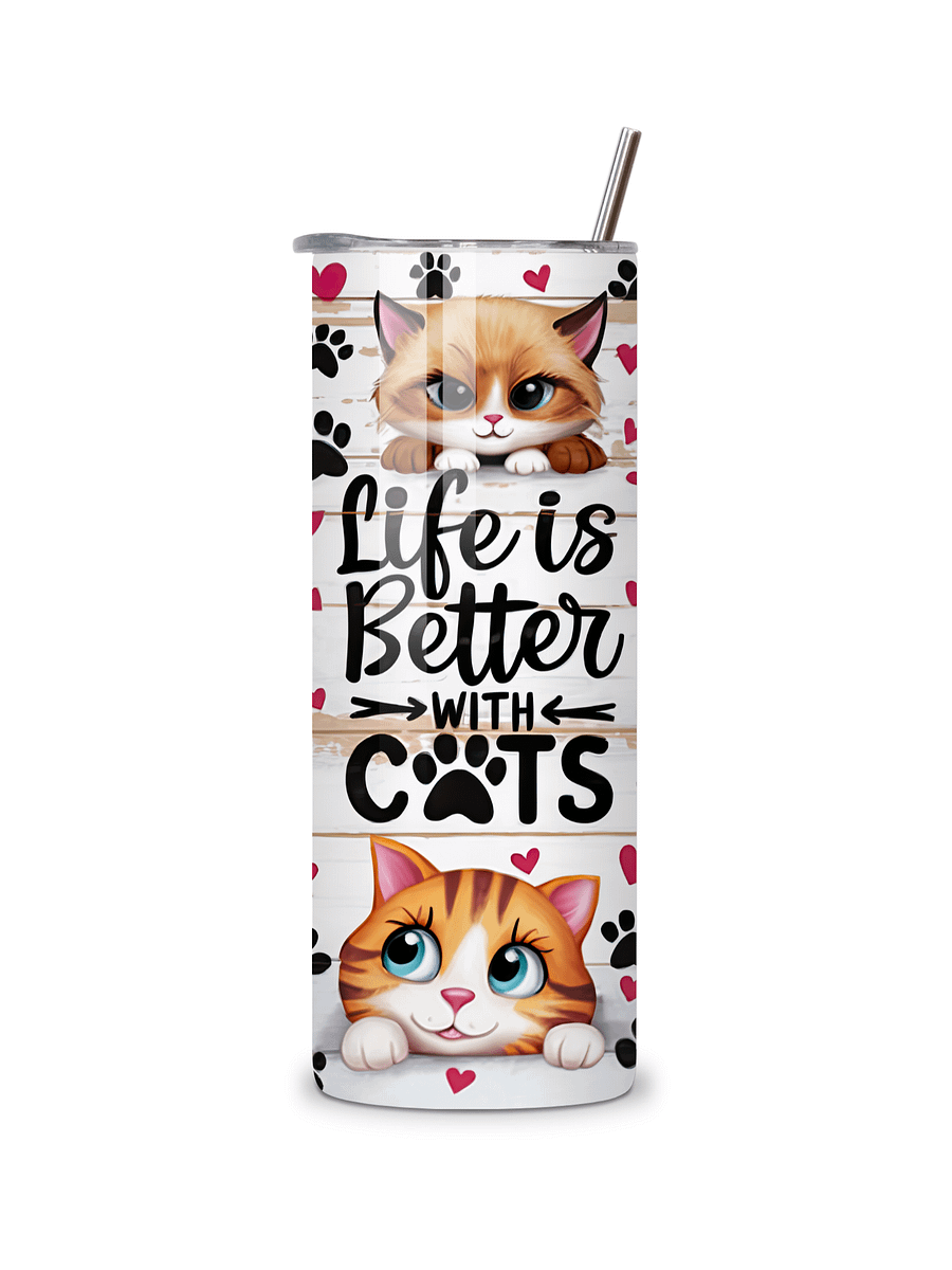 Life is Better with Cats 20oz Skinny Tumbler with Metal Straw – Cute Cat Design – Double-Walled Insulated Stainless Steel Tumbler for Hot & Cold Drinks, Gift for Cat Lovers product image (5)