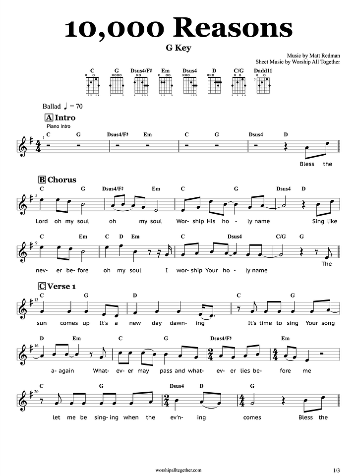 10,000 Reasons - Matt Redman | Sheet Music, Chord, Lyrics product image (1)