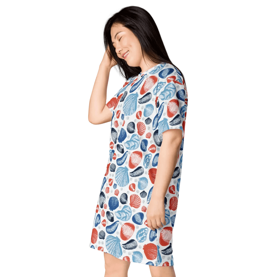 Women's | New England Tidal Treasures | T-Shirt Dress | Seashell Print, Oversized & Comfy | Red & Blue on White product image (3)