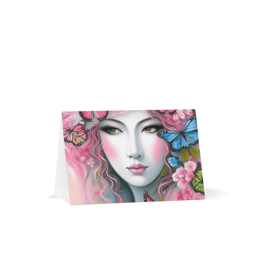 Woman With Pink Butterflies Greeting Card product image (1)