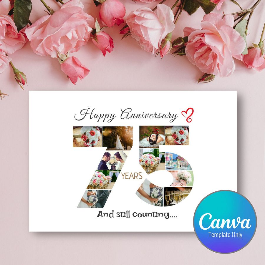 75 Year Anniversary Photo Card Editable Canva Template product image (1)
