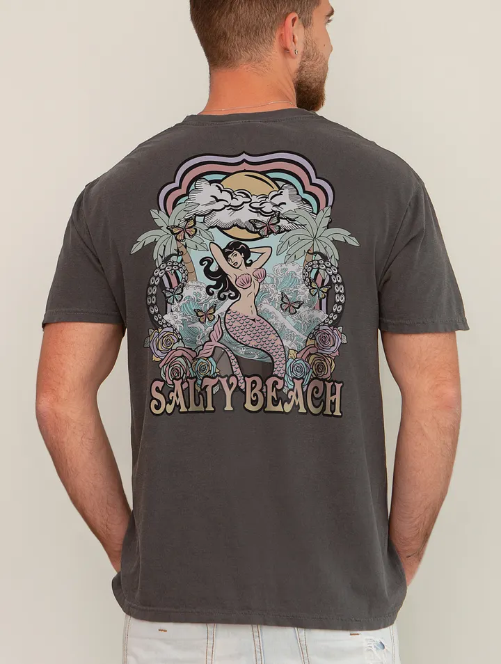 Salty Beach, Mermaid by the Beach Tee (Back Print) | Retro-Style Art Nouveau T-Shirt for Travel and Road Trips product image (19)