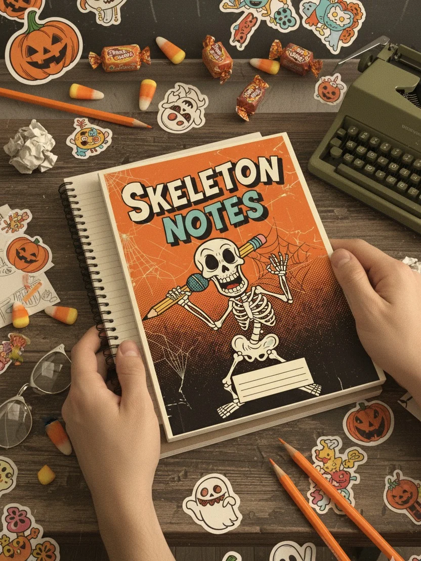 Skeleton Notes Digital Notebook Cover | Halloween Printable Journal | Retro Spooky Stationery | Vintage Comic Book Style Planner Binder product image (2)