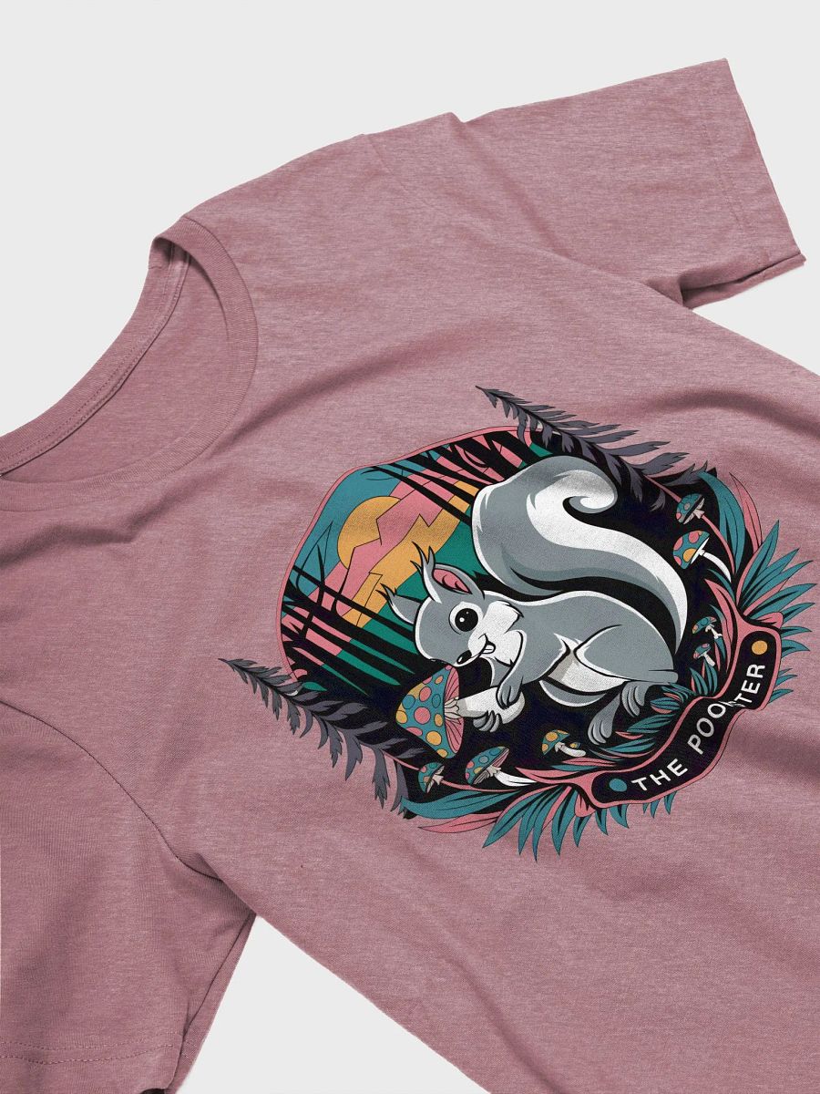 Supersoft and Flattering lightweight tee: Pookster in the woods with mushrooms and a sunset product image (3)