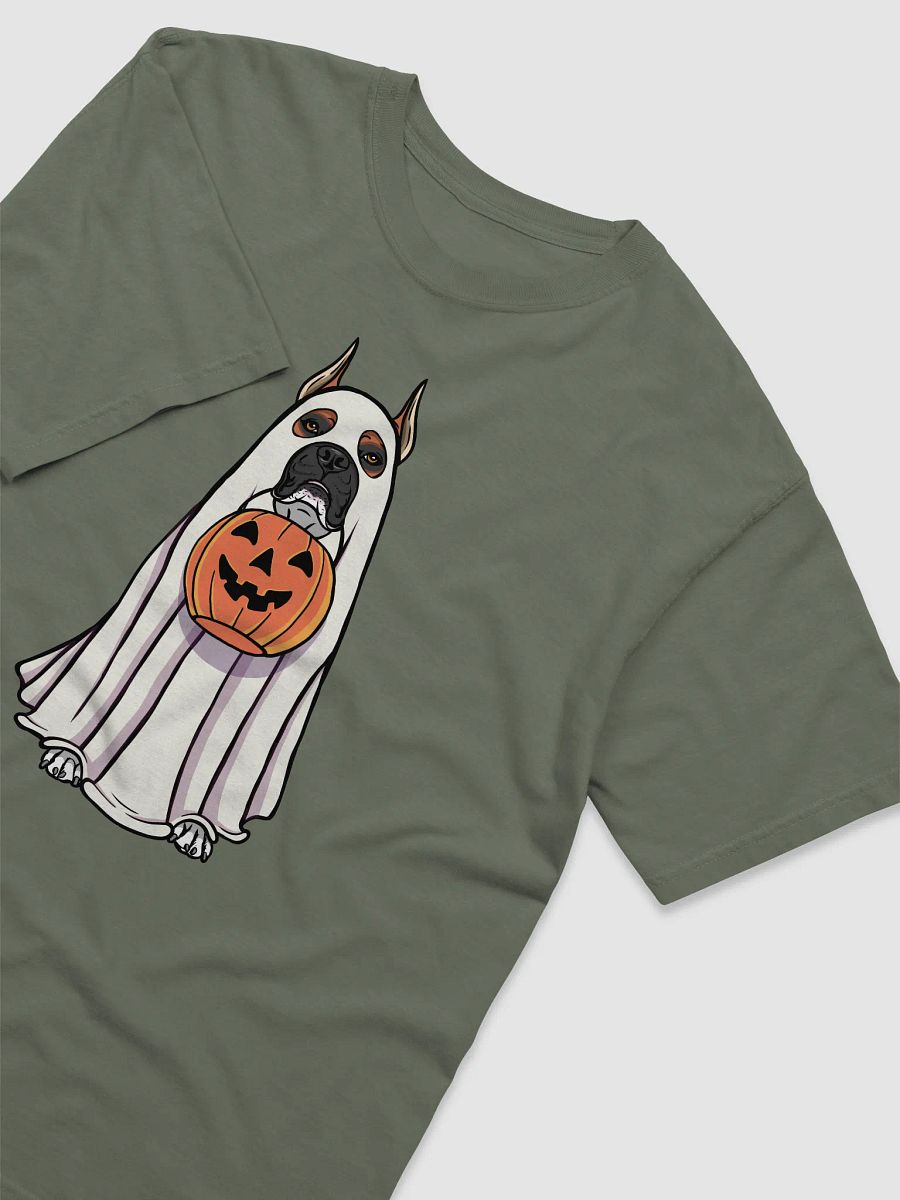 Funny Halloween Boxer Dog(Cropped Ears, Black Mask) T-Shirt | Funny Boxer Wearing a Ghost Costume and Holding a Pumpkin Basket product image (10)