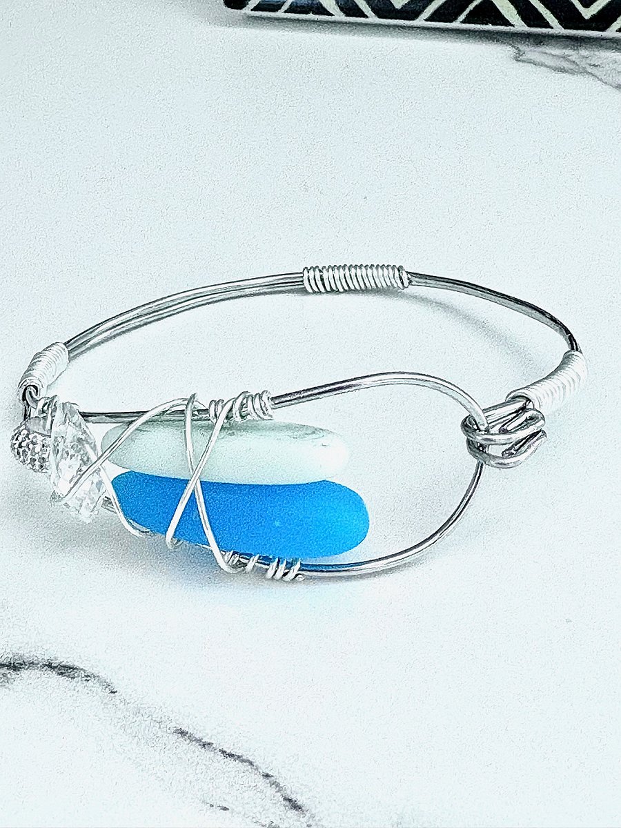 Ocean Whispers Wire-Wrapped Sea Glass Bracelet | Handmade 8" Coastal Charm by Monique Faella Designs™ | MFD-00202 product image (5)
