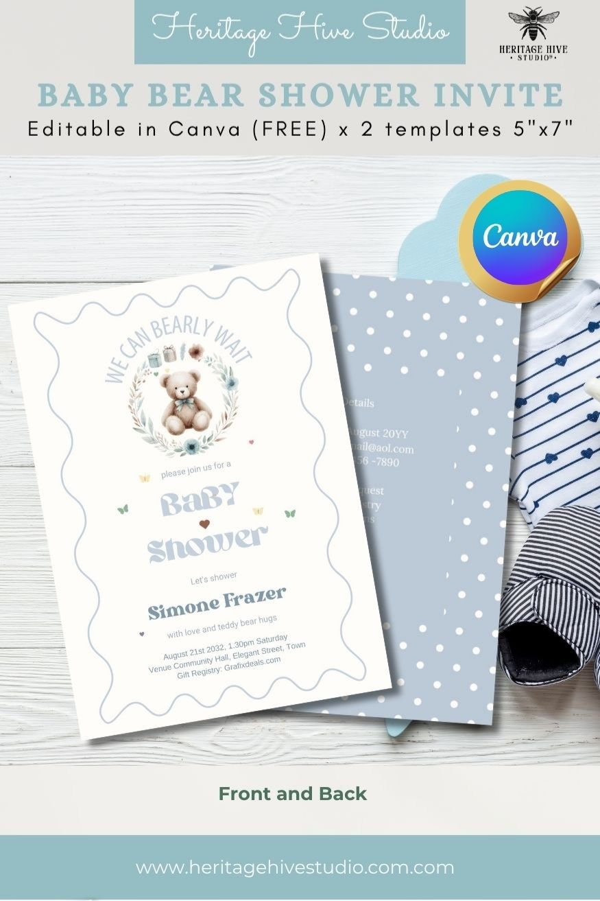 Editable Baby Shower Invitations | Edit in Canva | Instant Download Template | Teddy Bear Boys Blue product image (1)