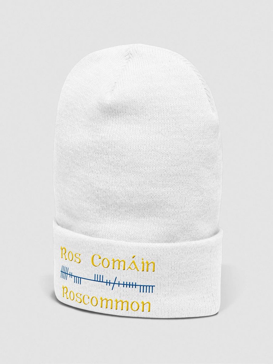 Roscommon/Ros Comáin Orthodox style Ogham, yellow and blue, embroidered Cuffed Beanie product image (2)