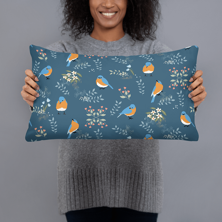 “Best of Both Worlds” Bluebirds & Flowers Pillow in Blue product image (1)