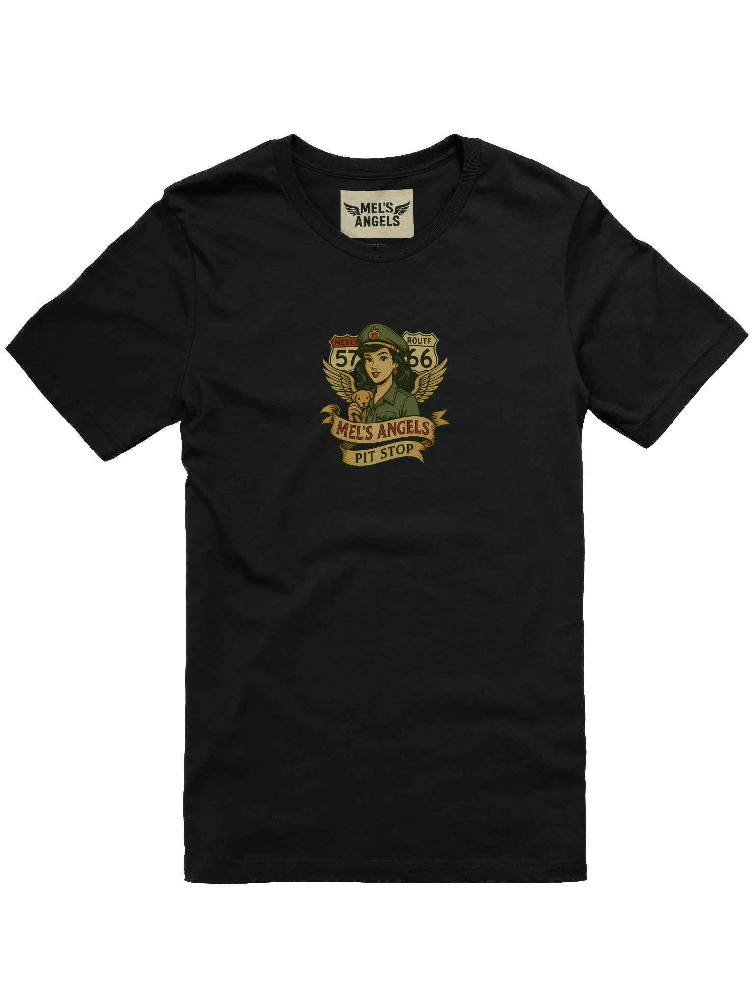 Mel’s Angels Pit Stop T-Shirt – Vintage Biker Style Route 57/66 Tee product image (2)