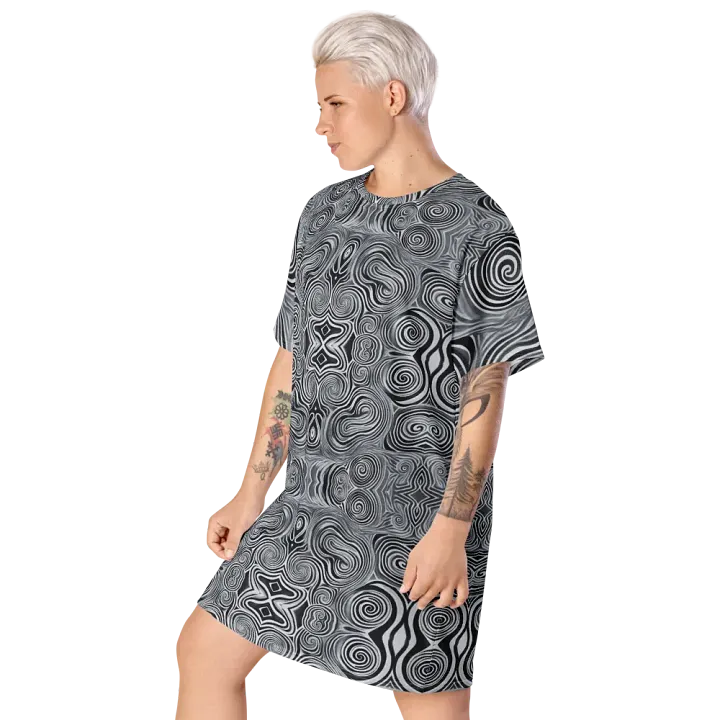 Funky Black & White Noir Liquid Tie-Dye T-shirt Dress product image (2)