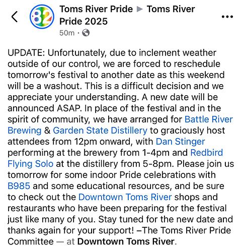 Image text: UPDATE: Unfortunately, due to inclement weather outside of our control, we are forced to reschedule tomorrow’s fe...