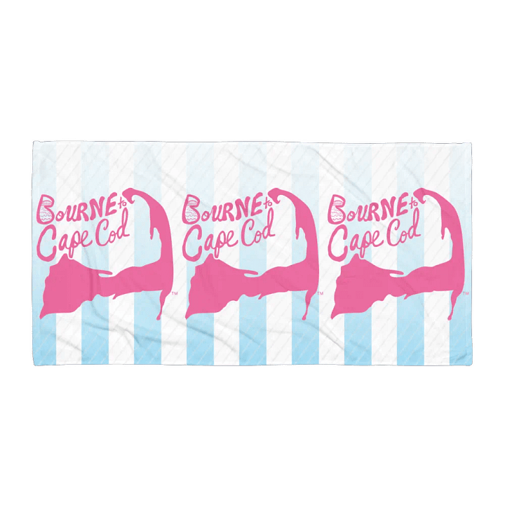 BOURNE to Cape Cod™ | Coastal Classic Beach Towel | All-Over Logo Print | Light Pink Logo on Light Blue Stripes product image (1)
