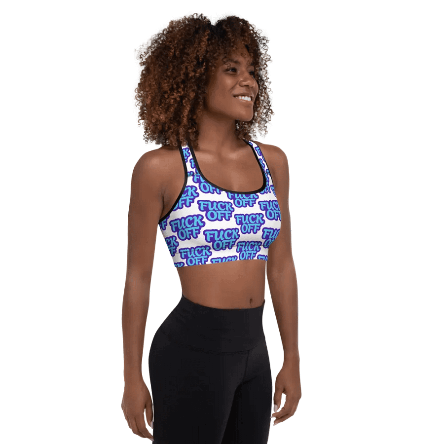 "FUCK OFF" Repeated All-Over Sports Bra product image (9)