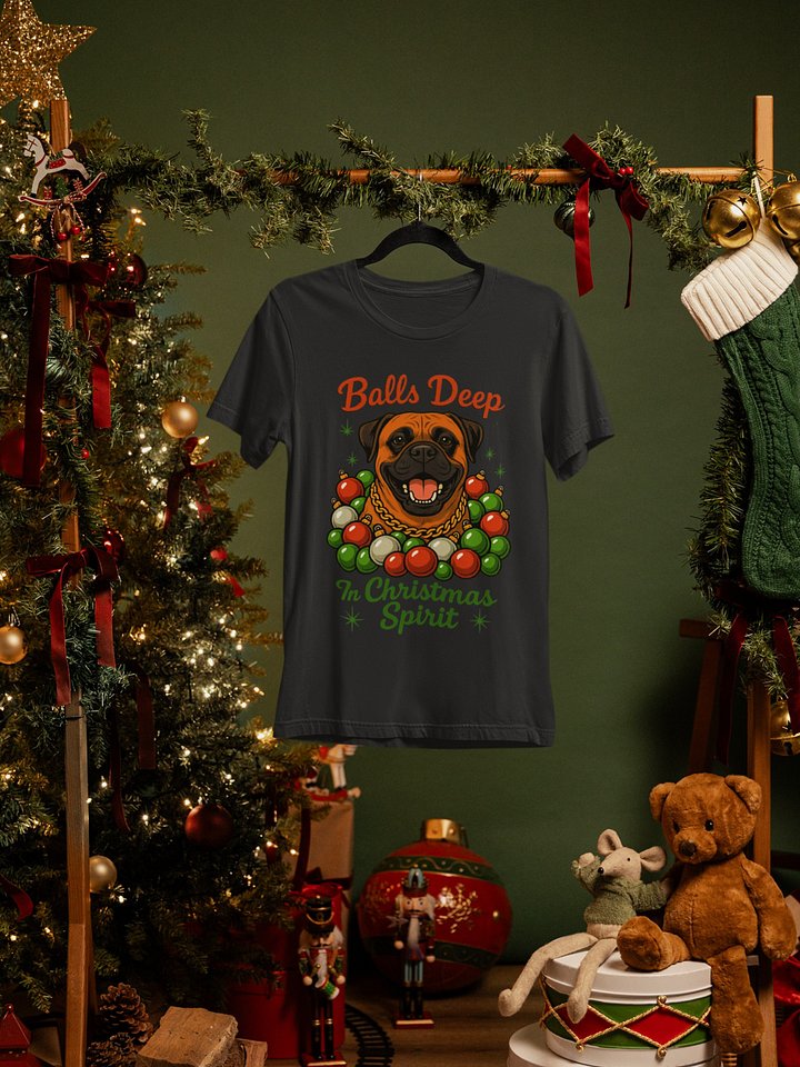 Funny Bullmastiff Christmas Shirt – “Balls Deep in Christmas Spirit” Holiday Dog Tee – Retro 1950s Atomic Design – Big Dog Lover Gift – Funny Xmas Shirt product image (1)