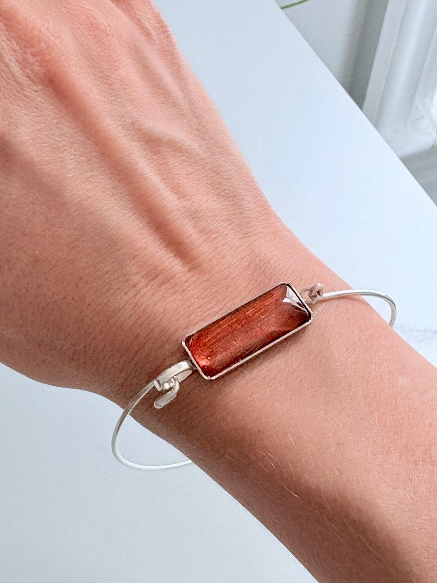 ⚡ Electric Tide Bangle | 7.75" Silver-Plated Wire Bracelet with Tangerine Rectangle Charm | Handmade Coastal Charm Jewelry by Monique Faella Designs™ | MFD-00176 product image (4)