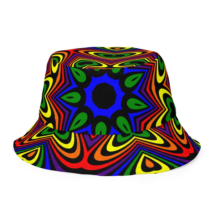 Reverisble Rainbow Bucket Hat, Queer Pride Stars Hearts Psychedelic Art Accessory product image (1)