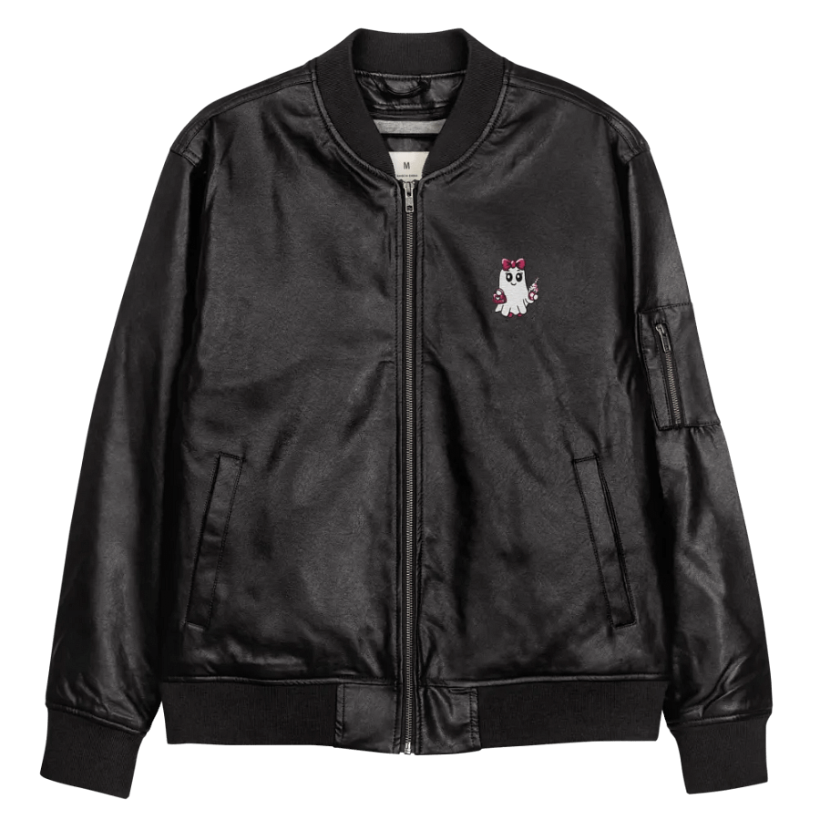 Cute Ghost Embroidered Faux Leather Bomber Jacket product image (10)