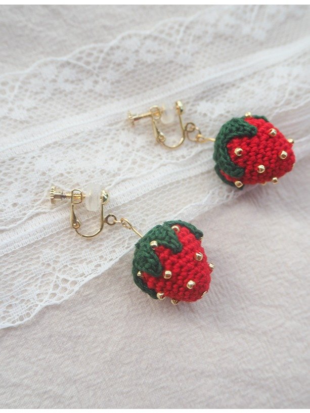 Tiny Strawberry Earrings – Micro Crochet with Beads | Choose Clip-On or Pierced product image (1)