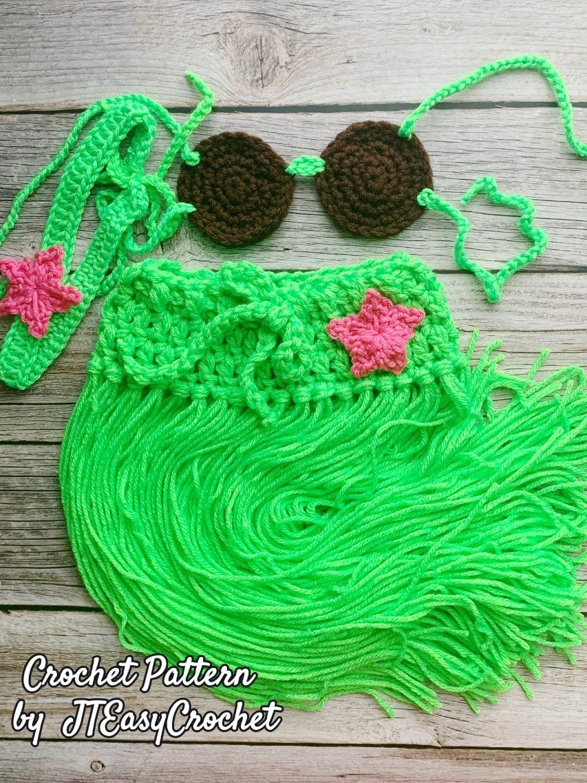Hula Dancer Set Crochet Pattern Hawaiian Baby Photo Prop Outfit Grass Skirt Coconut Bra Hawaii Party Costume product image (9)