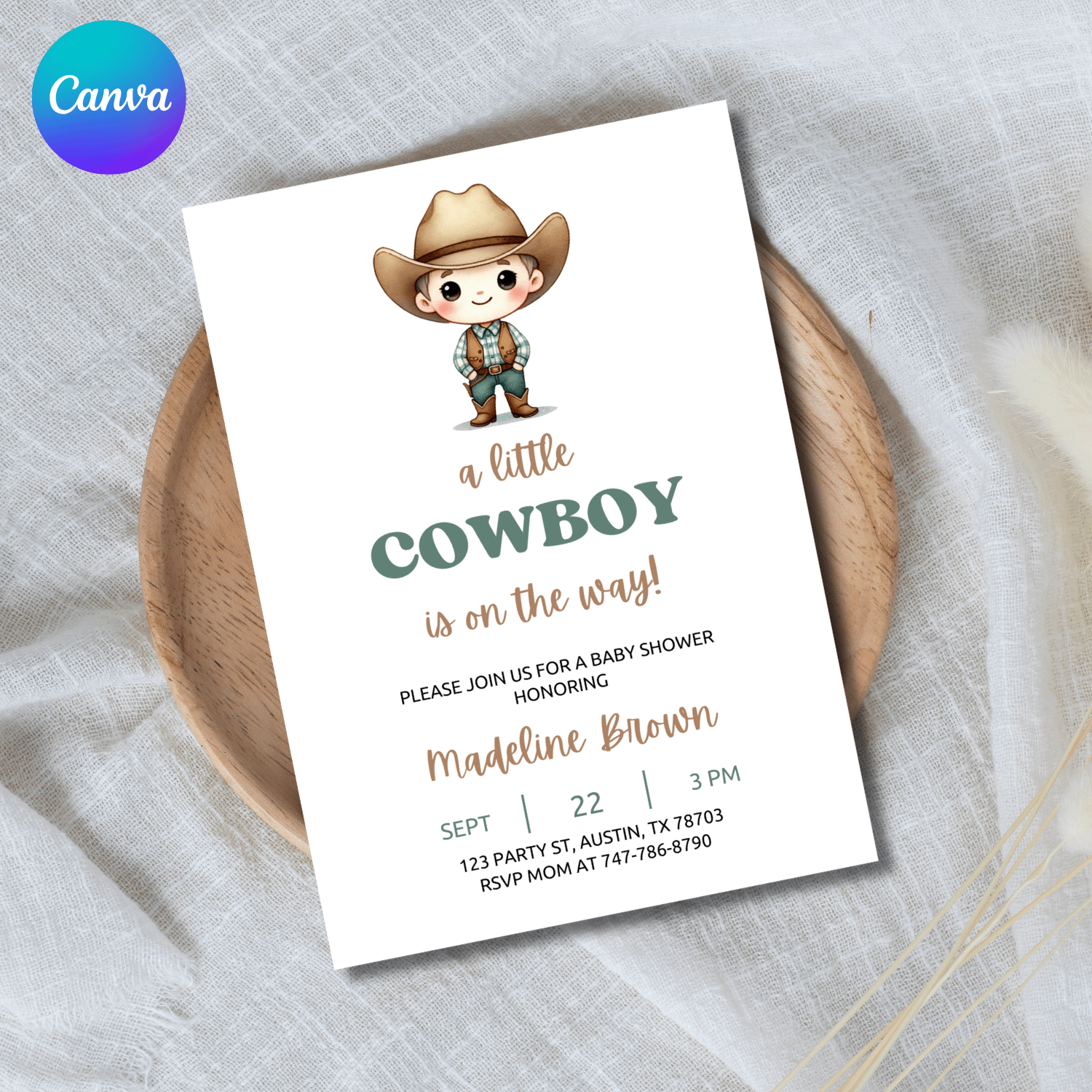 Little Cowboy Baby Shower Invitation Template – Canva Editable Cowboy Baby Invite product image (1)