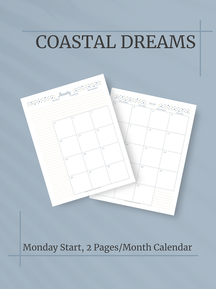 Coastal Dreams 2026 Calendar - 2 Pages per Month, Monday Start, Letter Size product image (1)
