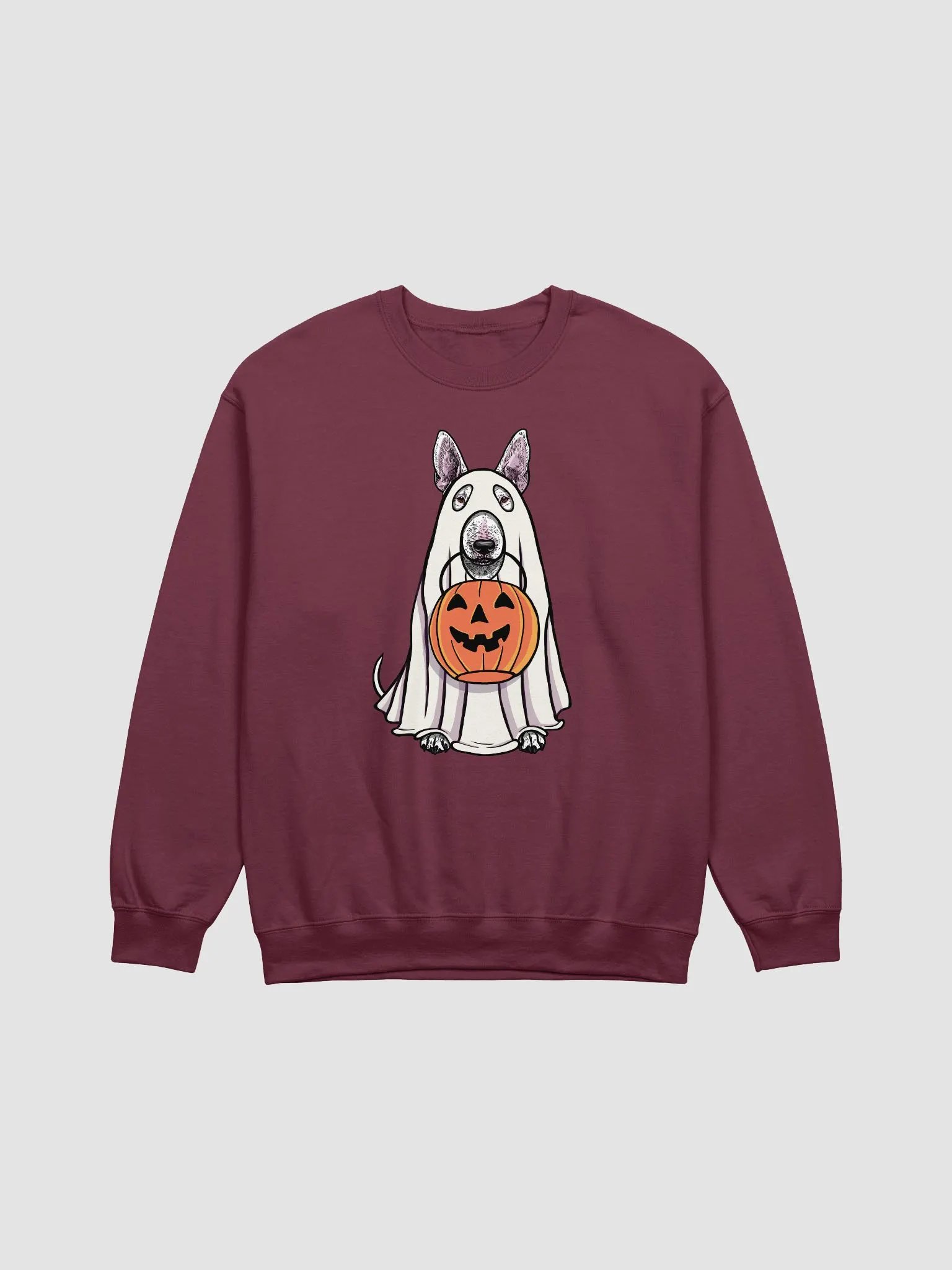 Funny Halloween Bull Terrier Sweatshirt | Funny Dog Wearing a Ghost Costume and Holding a Pumpkin Basket product image (1)