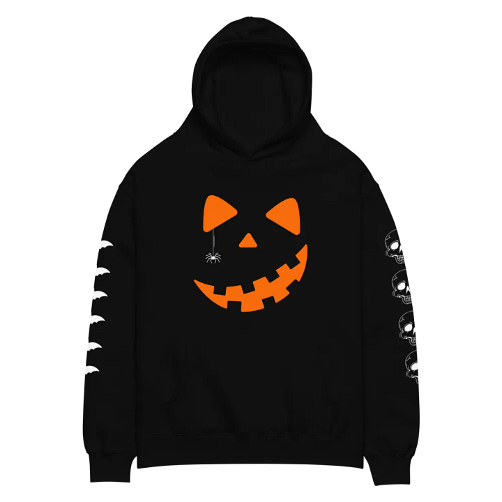 Cozy Halloween Hoodie Featuring Pumpkin Smile, Large Spider on the Back, Bats on One Sleeve, and Skulls on the Other - Perfect for Fall Celebrations and Trick-or-Treating! product image (2)