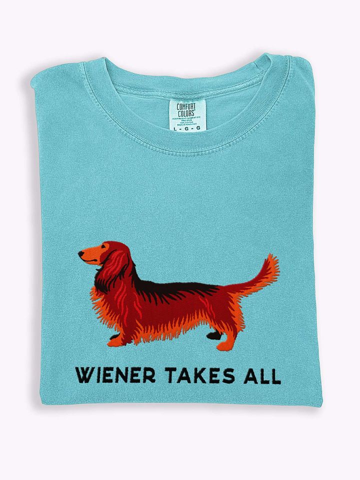 Wiener Takes All T-Shirt(Embroidered) of a Longhaired Dachshund(Red) product image (1)