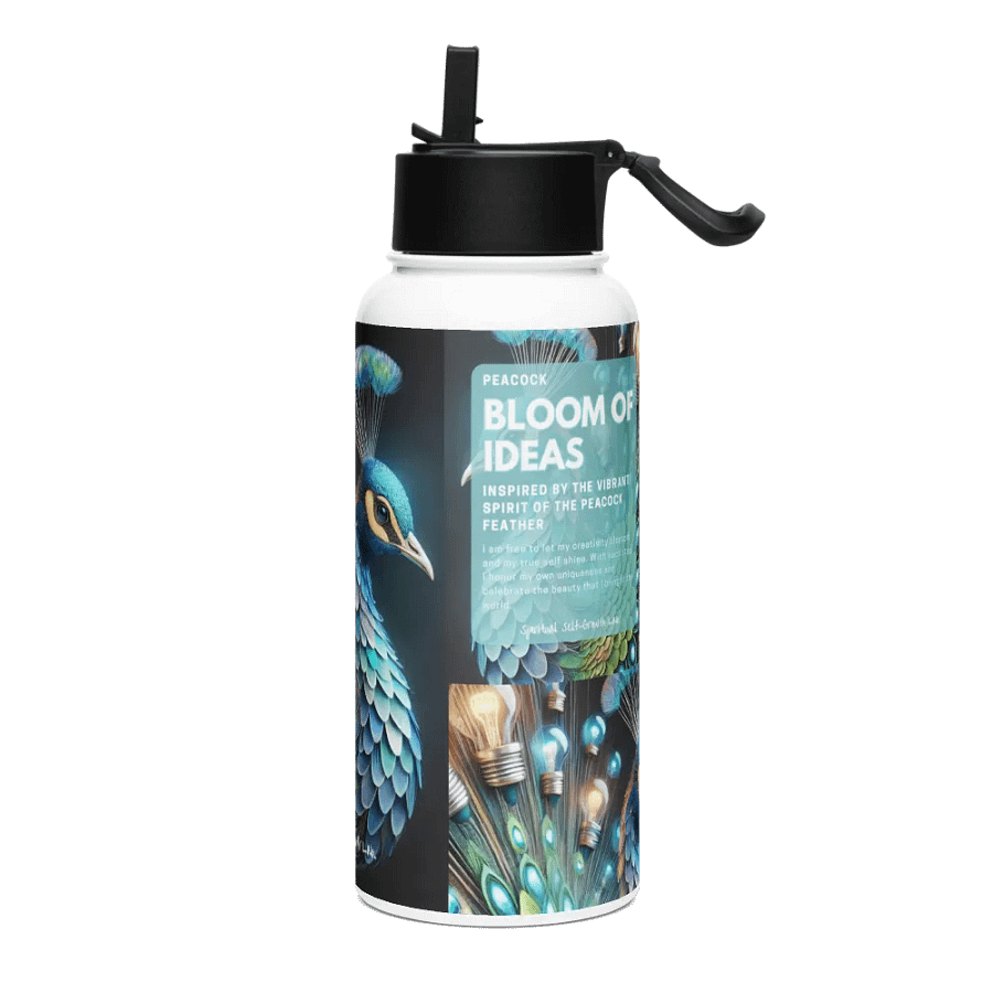 "Bloom of Ideas" – Illuminated Peacock Feather Stainless Steel Water Bottle for Spiritual Growth and Inspired Reflection Side product image (3)