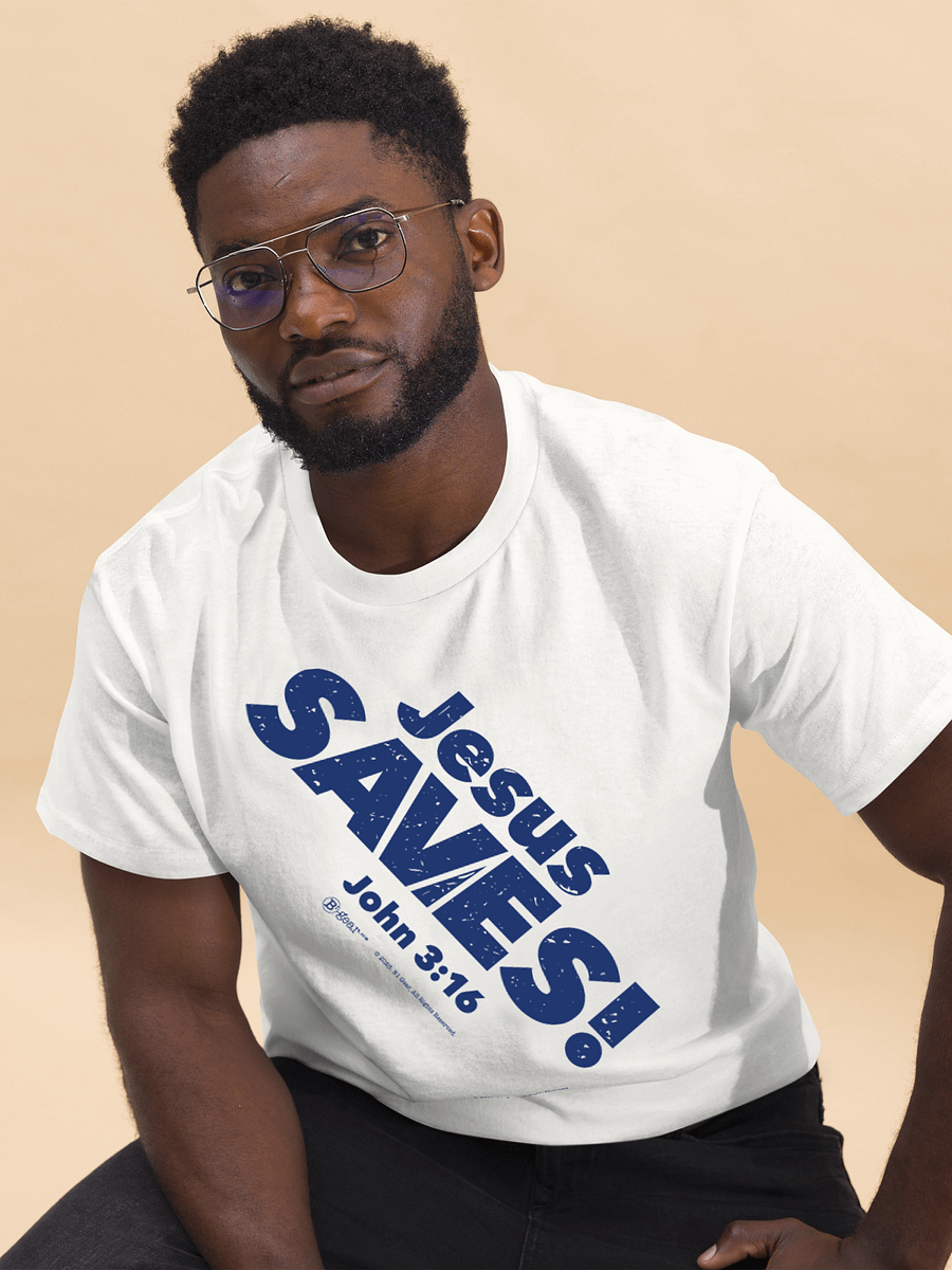 Jesus SAVES! Heavyweight Unisex Crewneck T-shirt | Gildan® 5000, Blue on White Shirt product image (4)