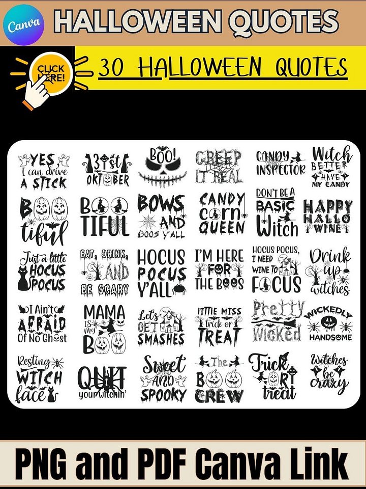 30 Funny Halloween Quotes for Shirts, Stickers & Crafts - Editable in Canva - PNG PDF product image (1)
